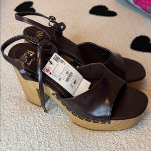 Zara Brown Leather Platform Shoes SZ 40- US 9 NWT